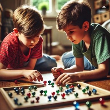 two boys playing marbles on the floor