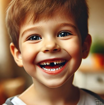 a kid missing a front tooth and smiling