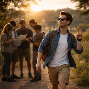 guy walking away from a group