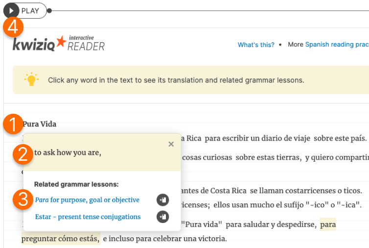 Popover with English translation and related Spanish grammar lessons
